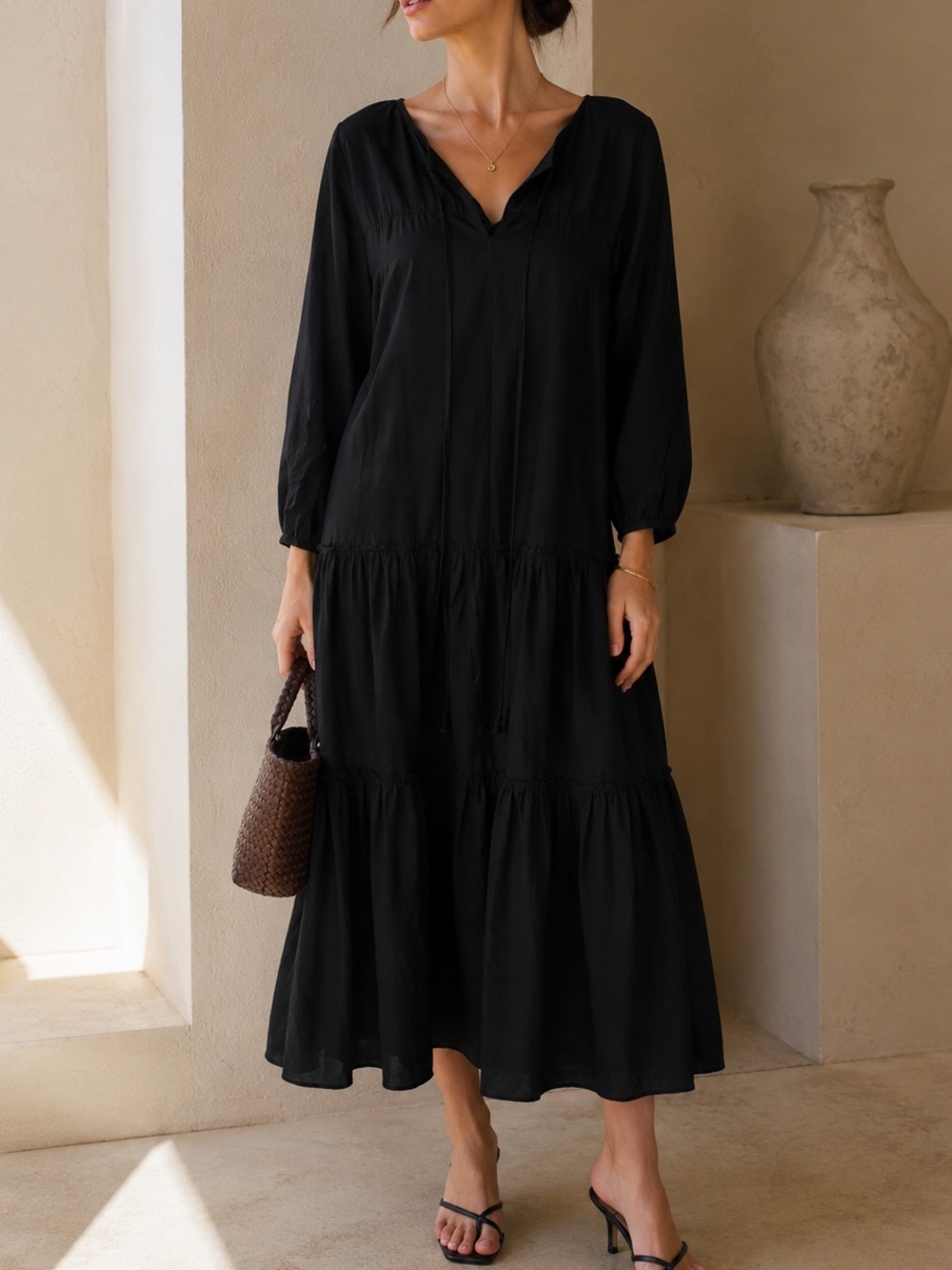 APIECE APART New York Tiered Maxi Dress Size 8 Long Sleeve Black Minimal Spring
